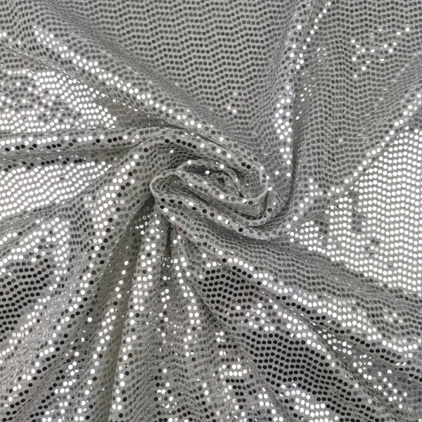 ALL OVER MIRROR SEQUIN SPANDEX - 3mm SPOT SILVER ON WHITE